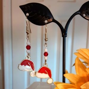 Hand Crafted Santa Hat Red White Christmas  Pierced Earrings
